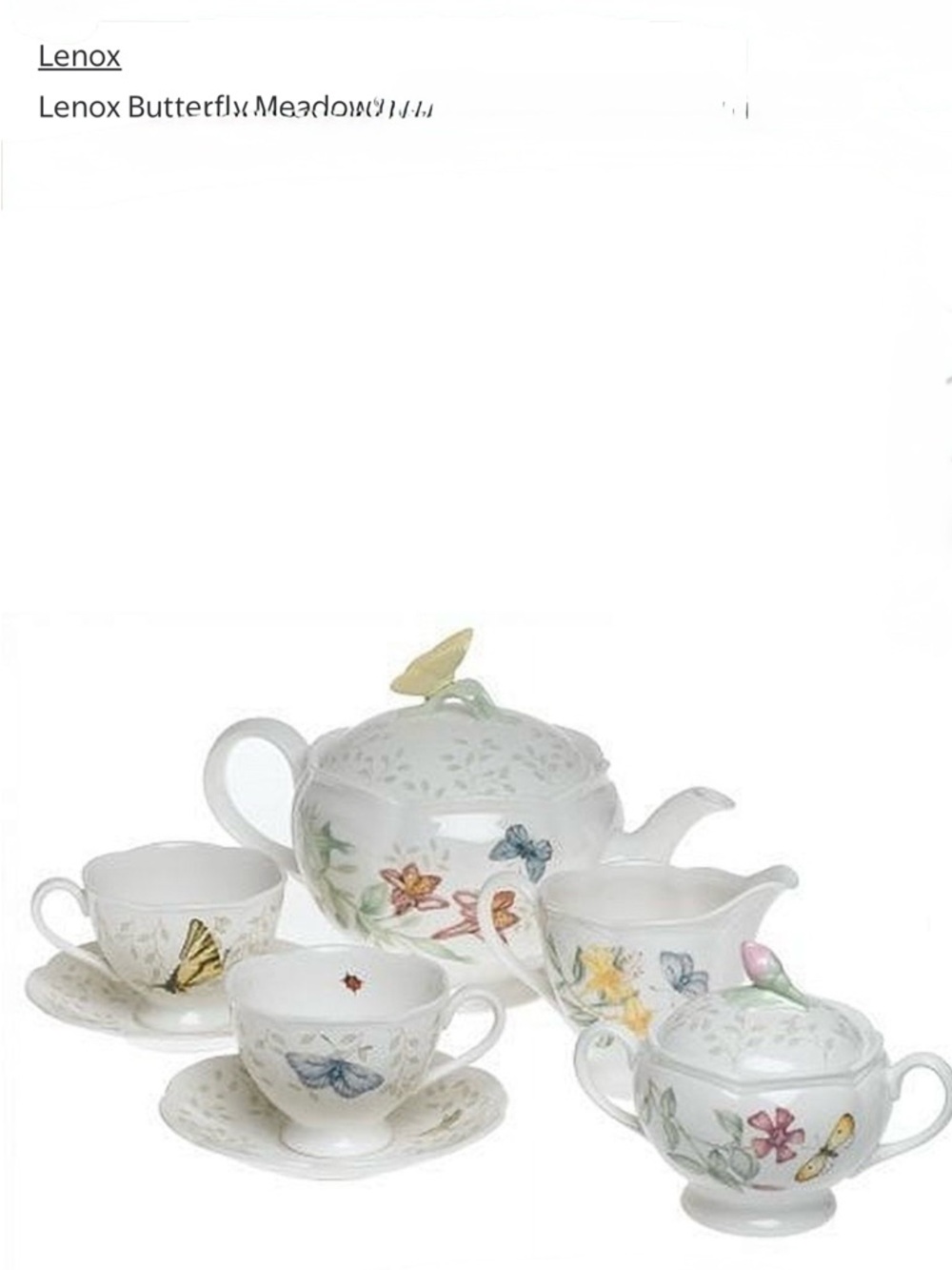 Lenox Butterfly Meadow Porcelain Tea Set with Multicolored Butterfly Accents.